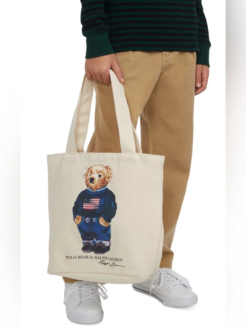Polo Ralph Lauren Natural FLAG SWEATER BEAR 13.0” Canvas Zip Top Tote Bag